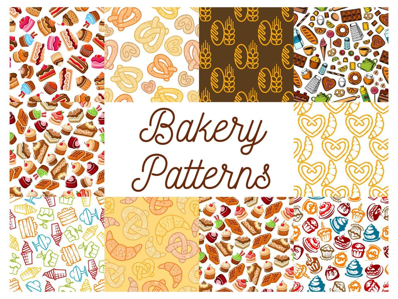 Bakery and patisserie desserts patterns vector