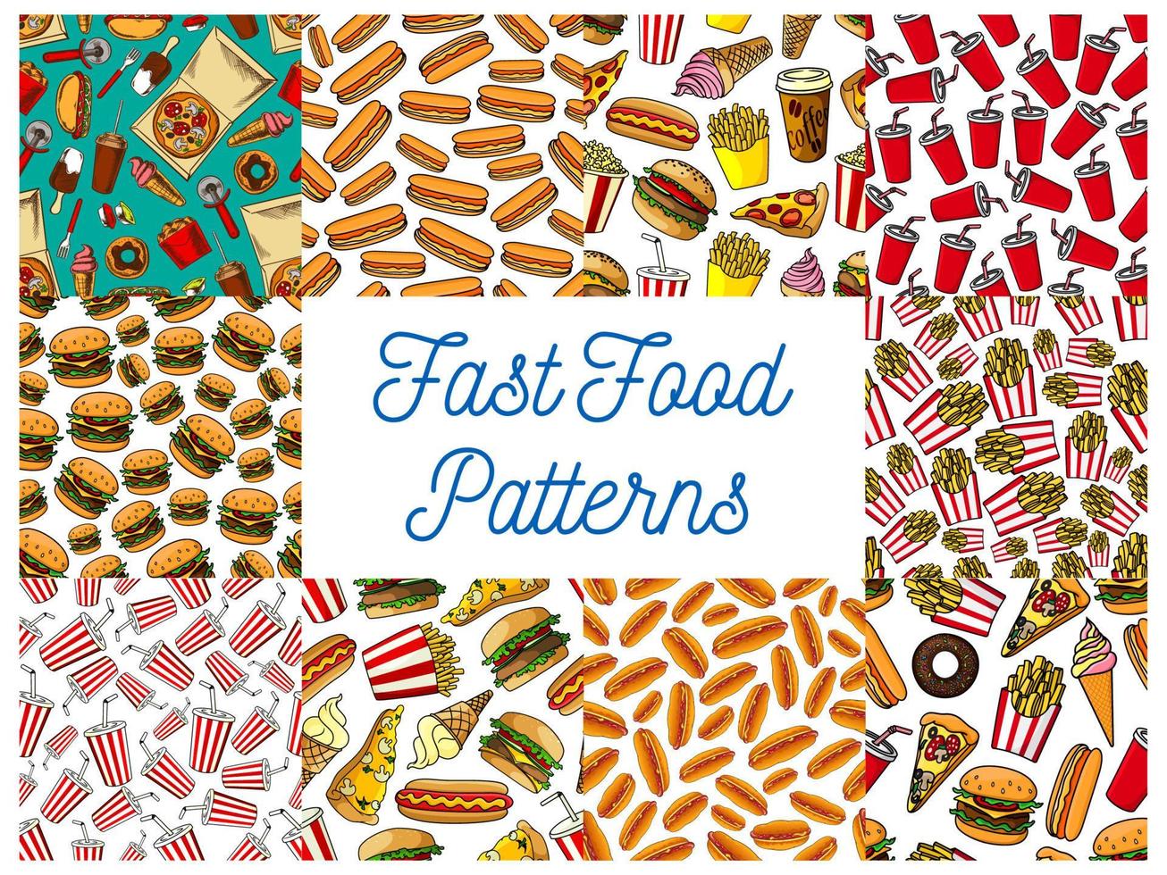 Fast food menu seamless patterns set vector