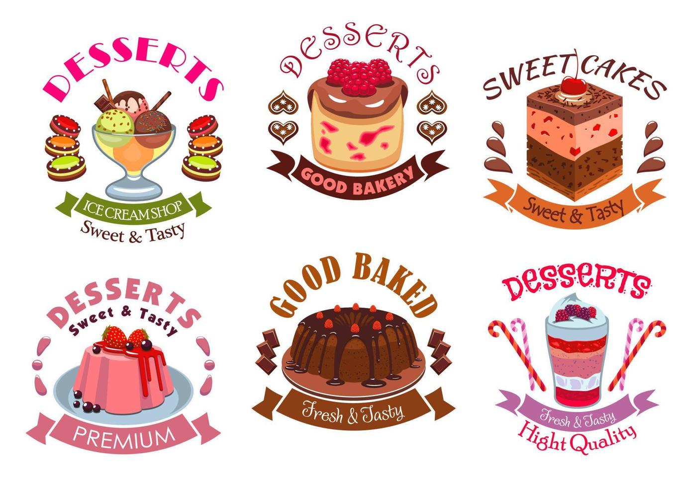 postres de panadería, conjunto de etiquetas de emblema de pasteles de pastelería vector