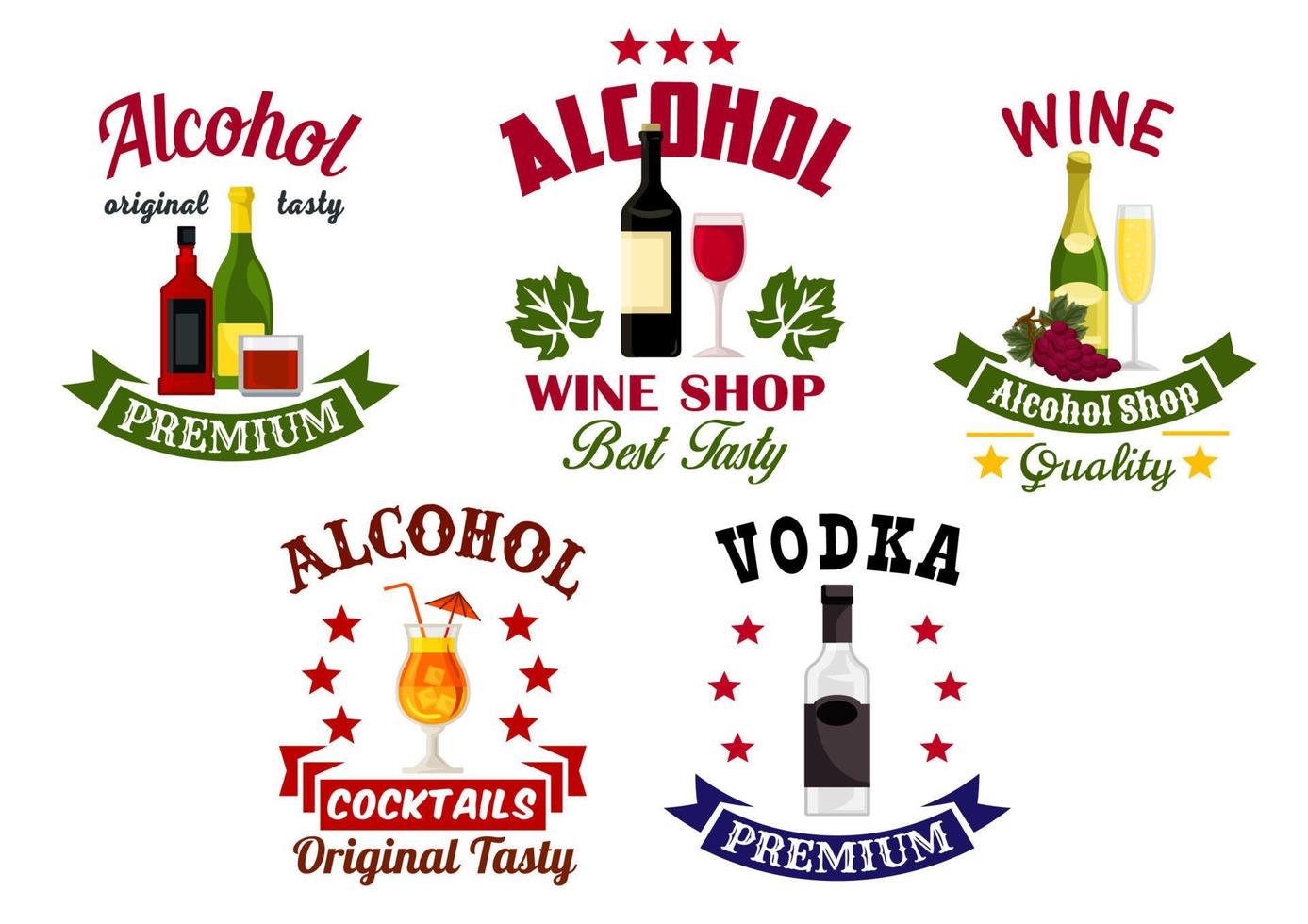 Alcohol drinks, cocktail bar emblems set vector