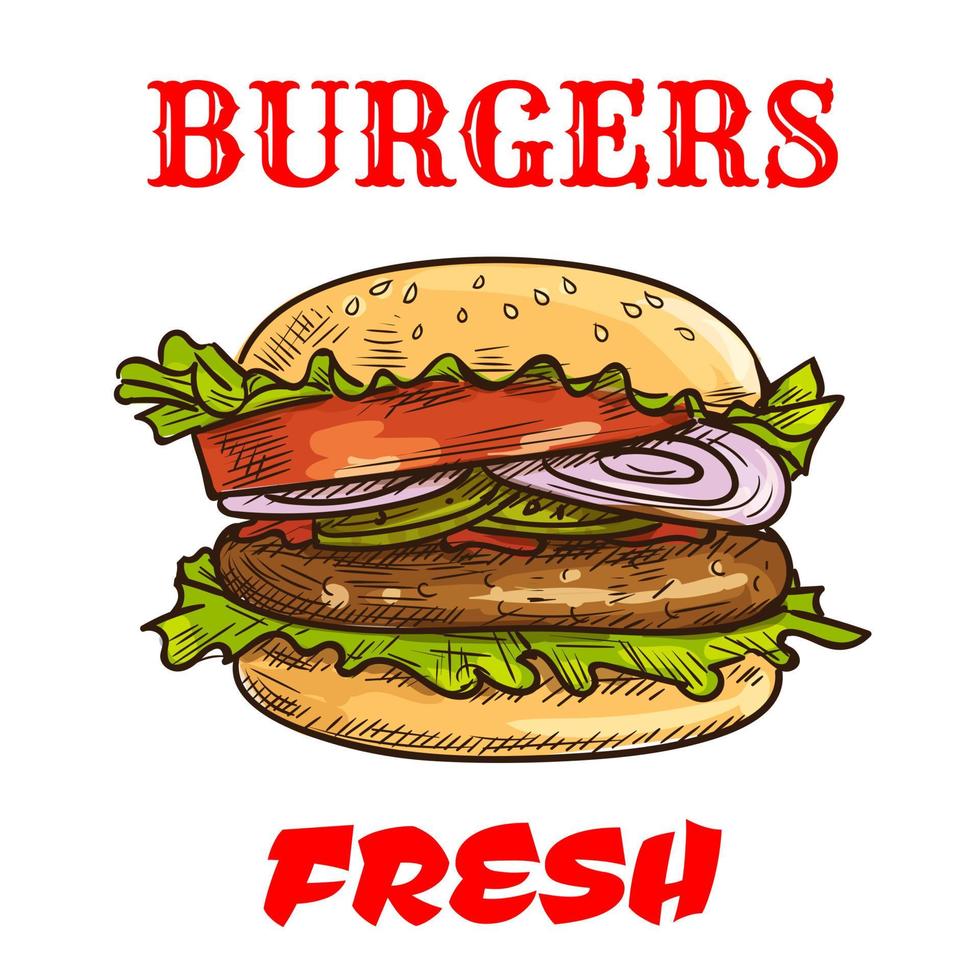 hamburguesa, comida rápida, bosquejo, icono vector