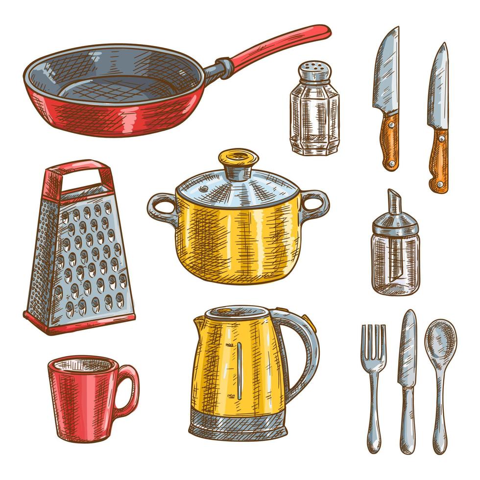 Kitchen and cooking utensils sketches vector