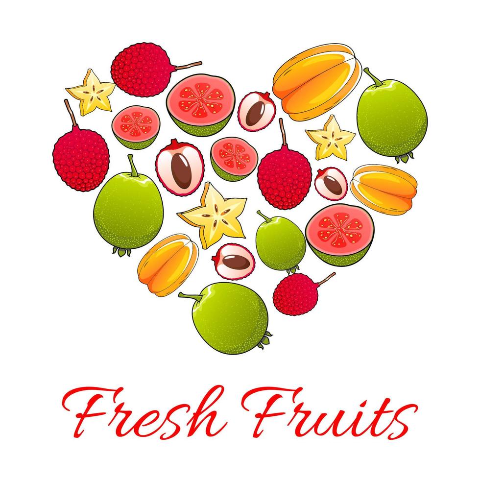 Exotic tropical fruits heart shape poster vector