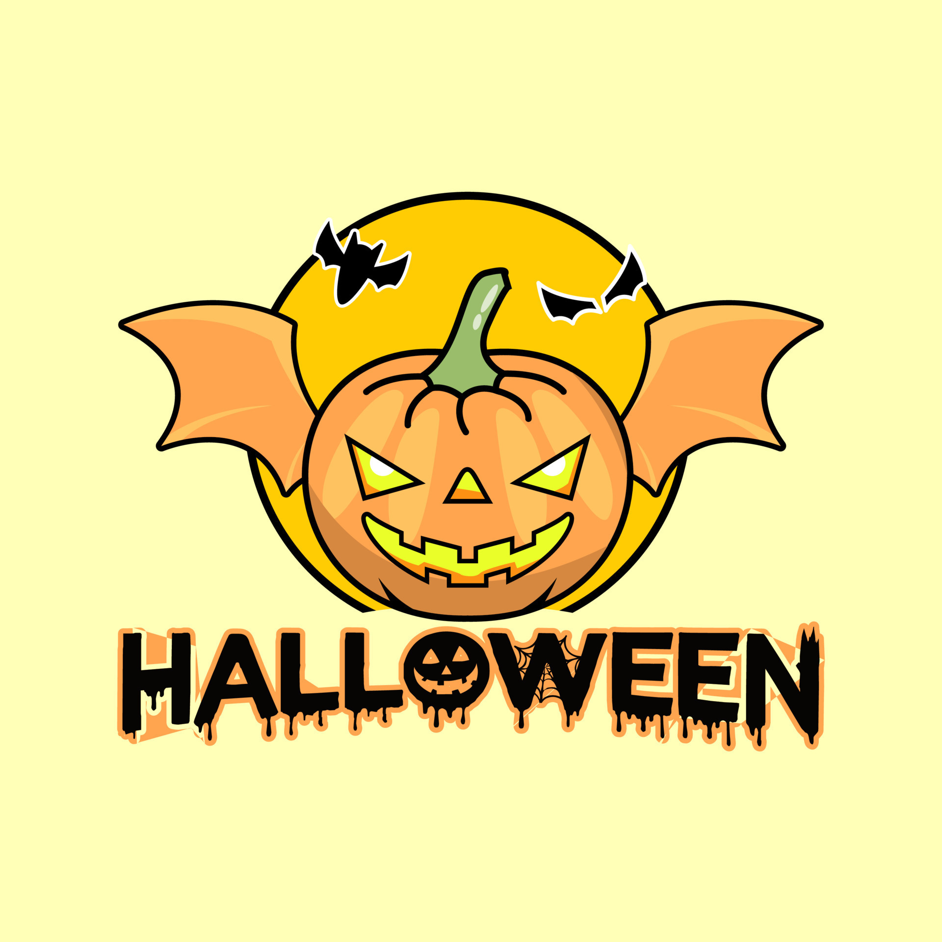 A scary pumpkin with bat wings halloween vector logo illustration ...