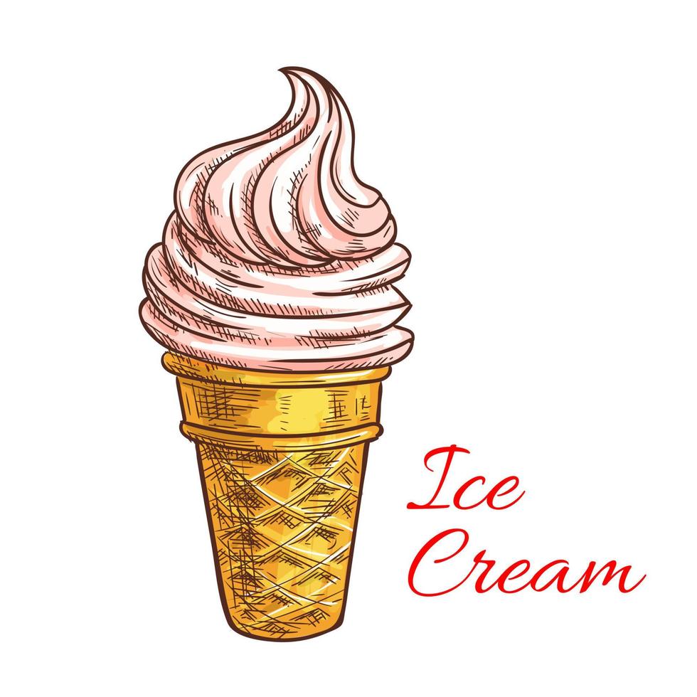 Strawberry ice cream cone sketch vector