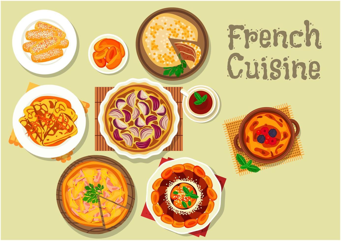 French cuisine dessert, cake and pie icon vector