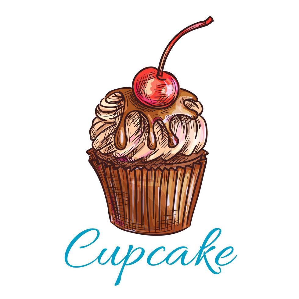 Chocolate cupcake with cream and cherry sketch vector