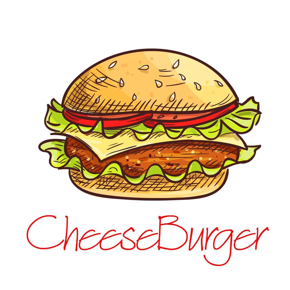 Fast food cheeseburger sketch for cafe menu design vector