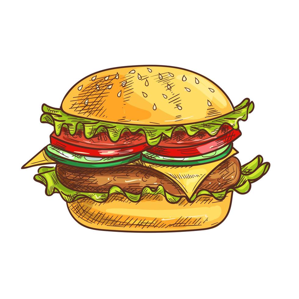 icono de esbozo de comida rápida de hamburguesa con queso vector