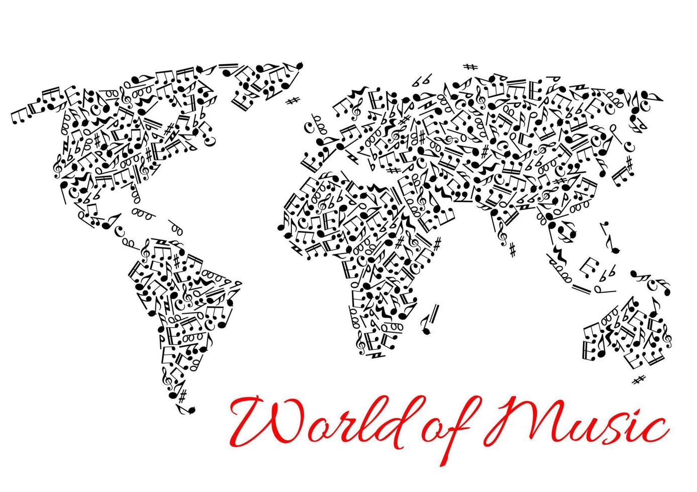 mapa mundial de muisc y notas musicales vector