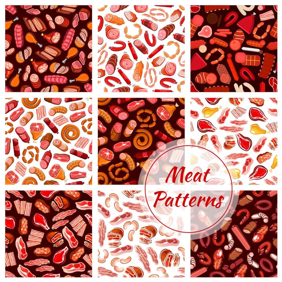 Meat, butcher shop sausages seamless patterns vector