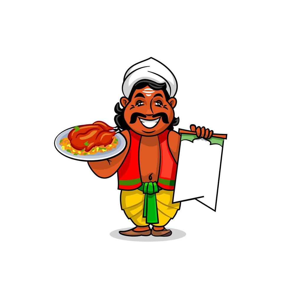 Indian cook with menu and chicken curry rice vector