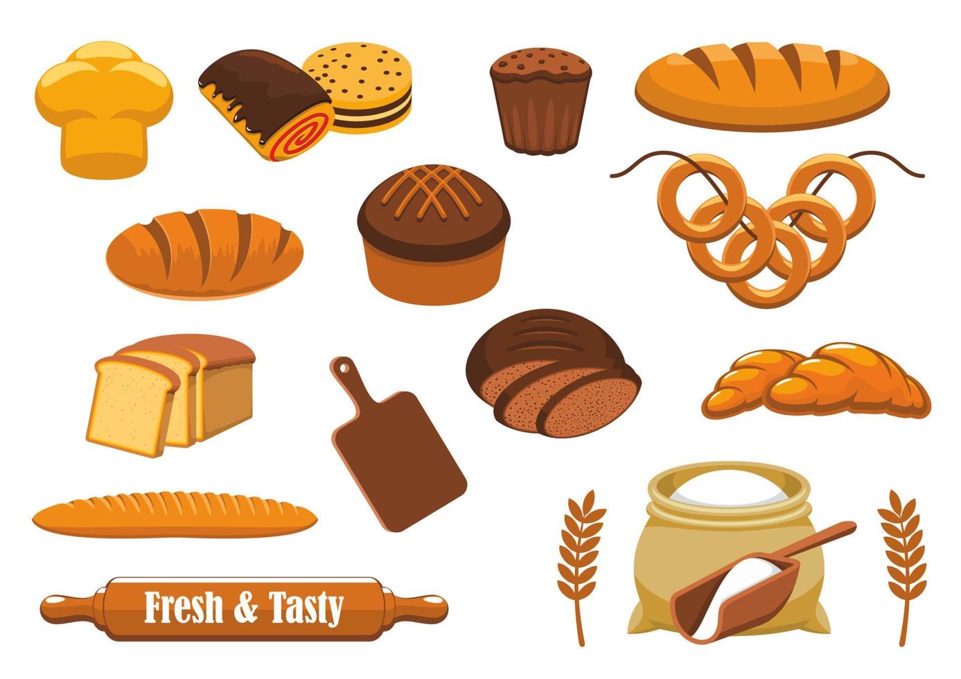 Bread and bun icon set for bakery, food design vector
