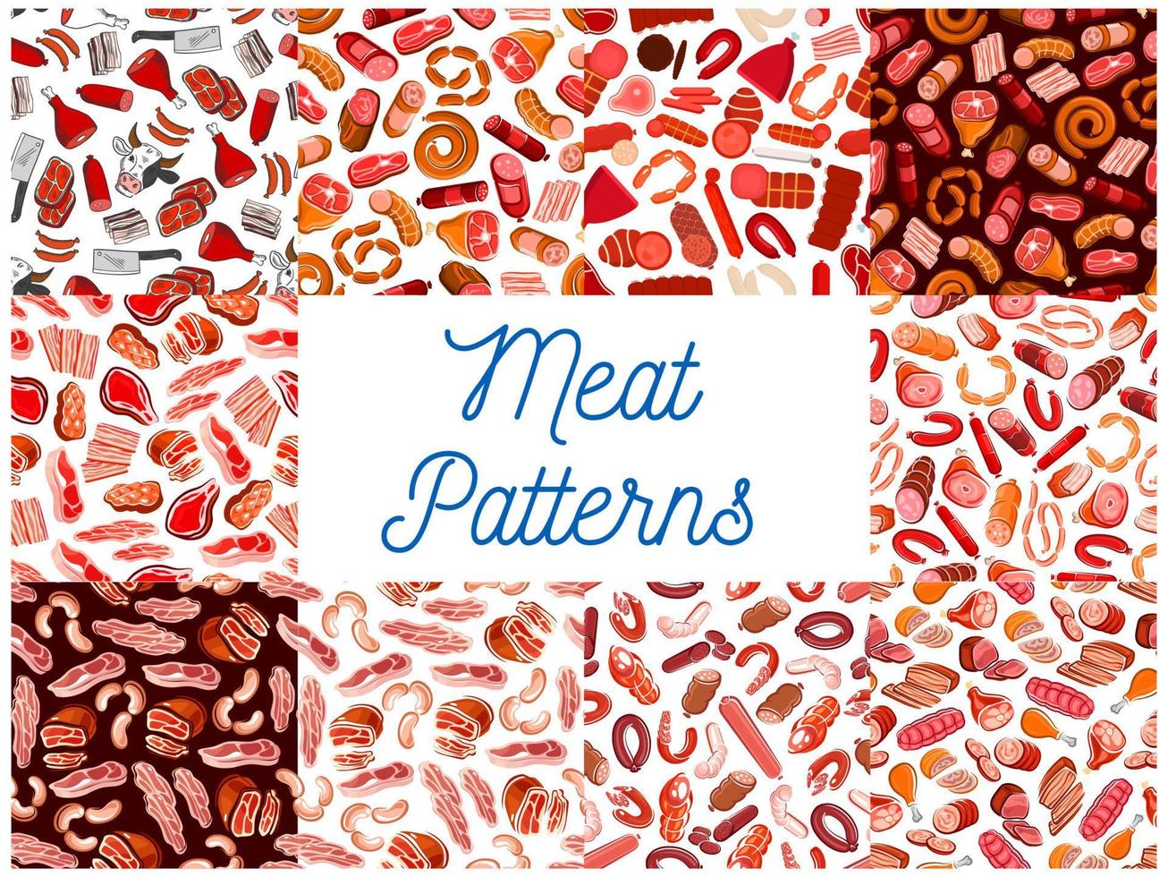 Meat and sausages seamless patterns vector