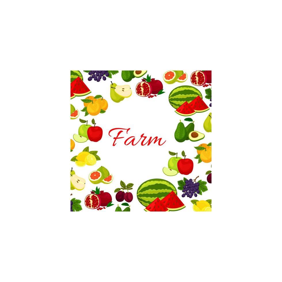 cartel de frutas. iconos de frutas frescas de granja en marco redondo vector