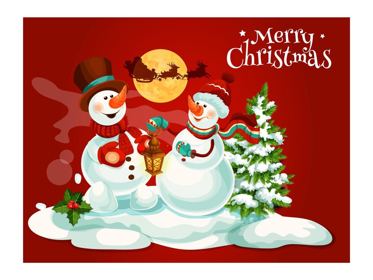 muñeco de nieve de navidad con tarjeta de felicitación de linterna vector
