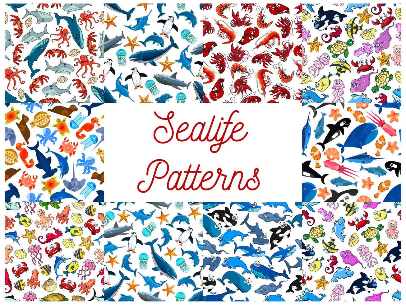Sealife animals and fishes seamless patterns vector