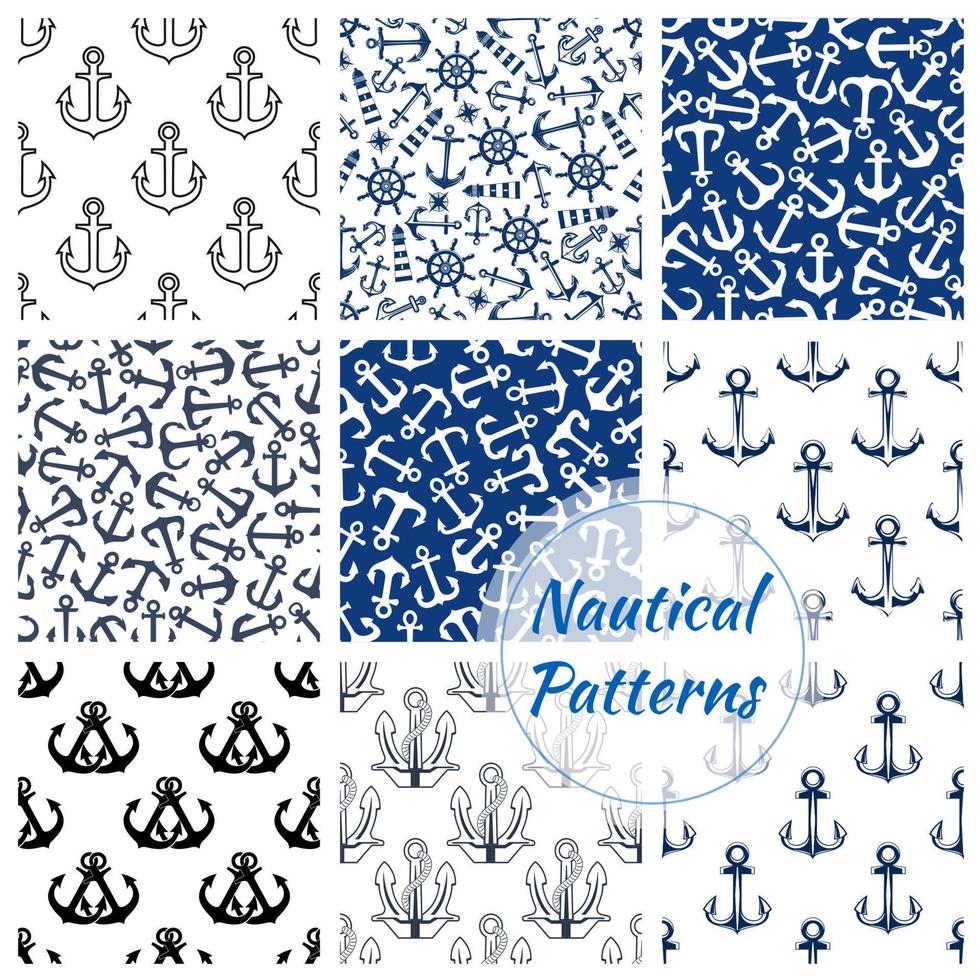 Nautical seamless pattern of navy anchor, helm vector