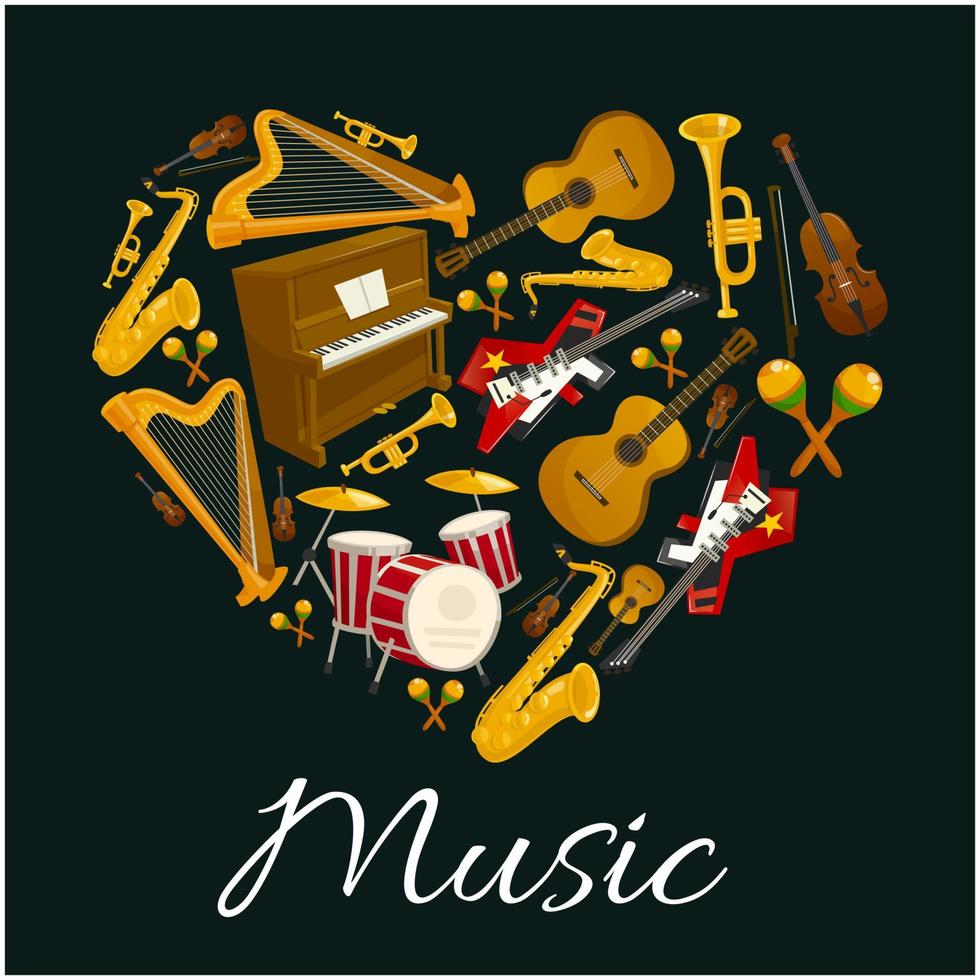 Music emblem of musical instruments in heart shape vector