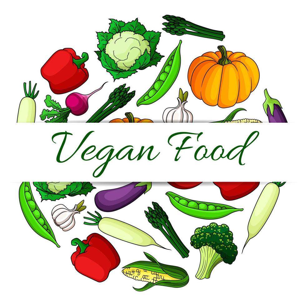 Vegan food emblem with round shape of vegetables vector