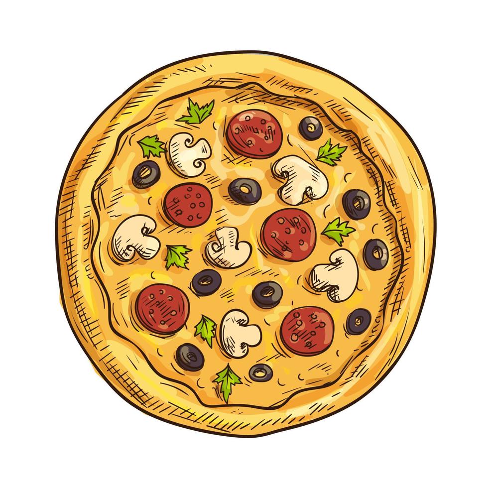 boceto de pizza italiana para diseño de pizzería y cafetería vector