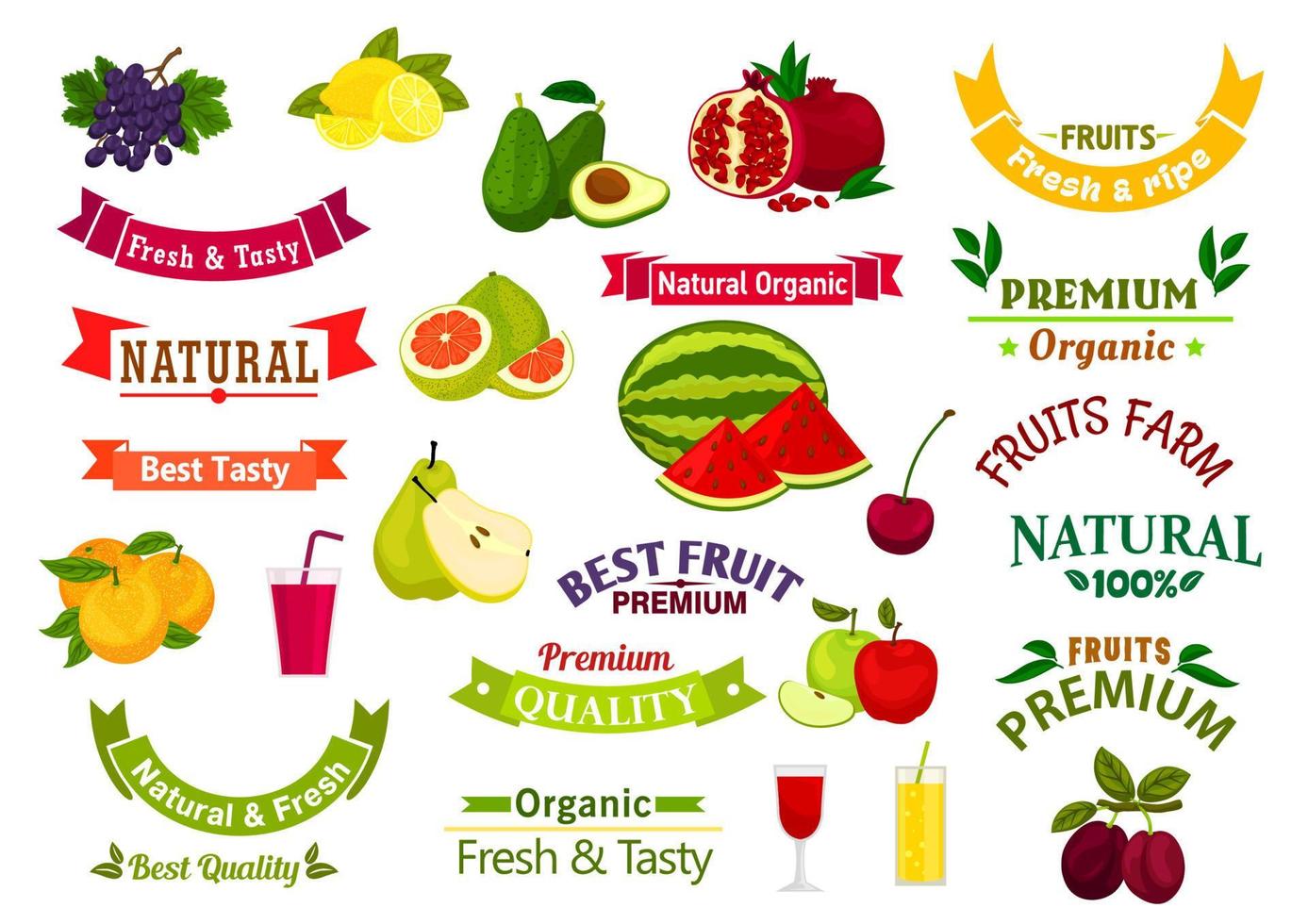 Fruit emblems, ribbons of juice, jam product label vector