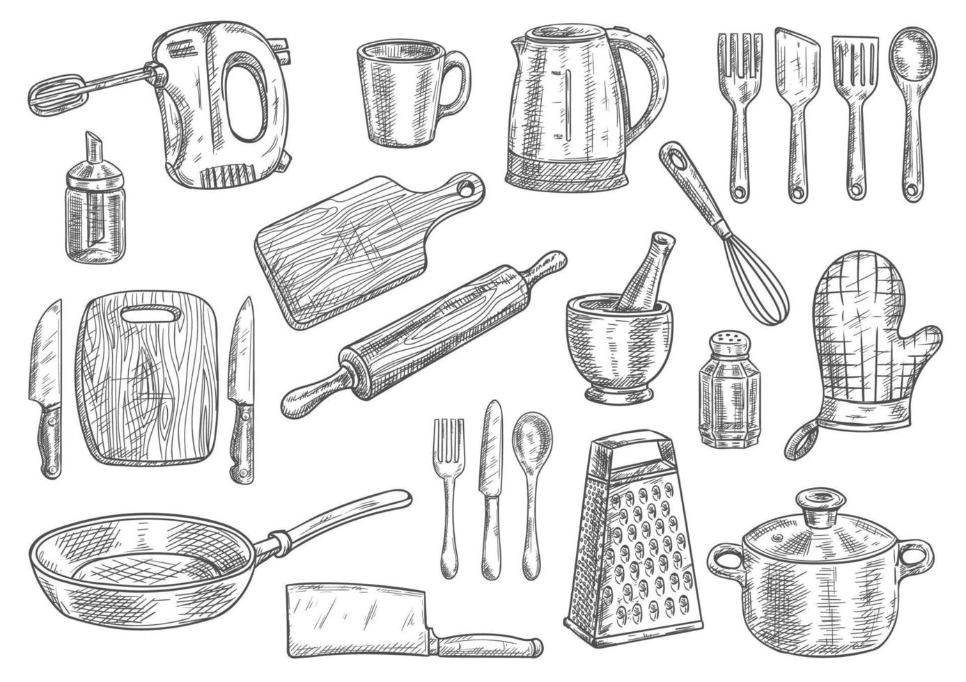 Kitchen utensils and appliances isolated sketches vector