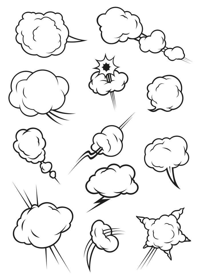 iconos de dibujos animados de nubes infladas, explotadas y humeantes vector