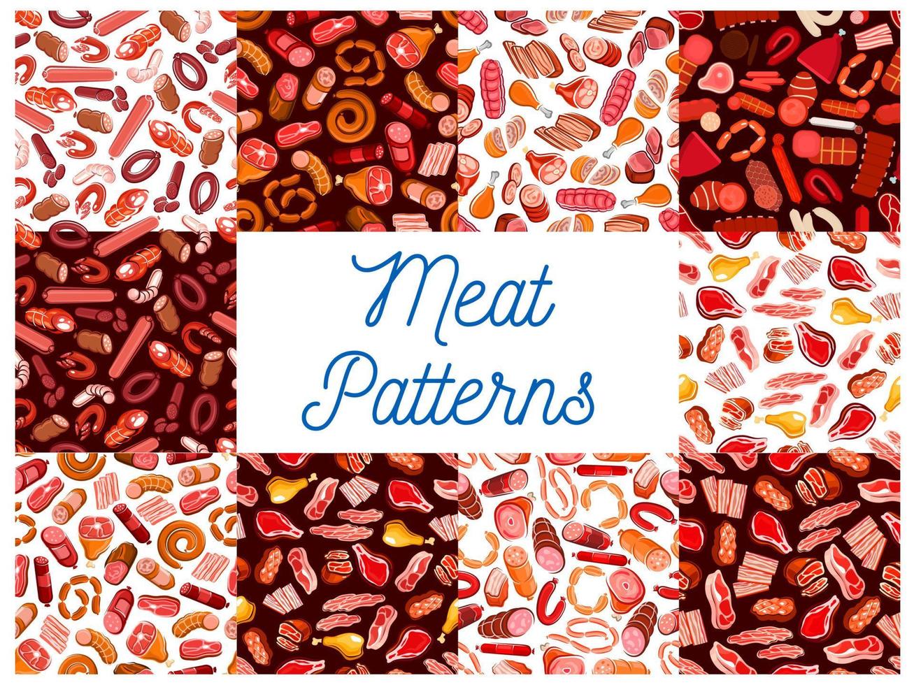 Meat delicatessen, sausages seamless patterns vector