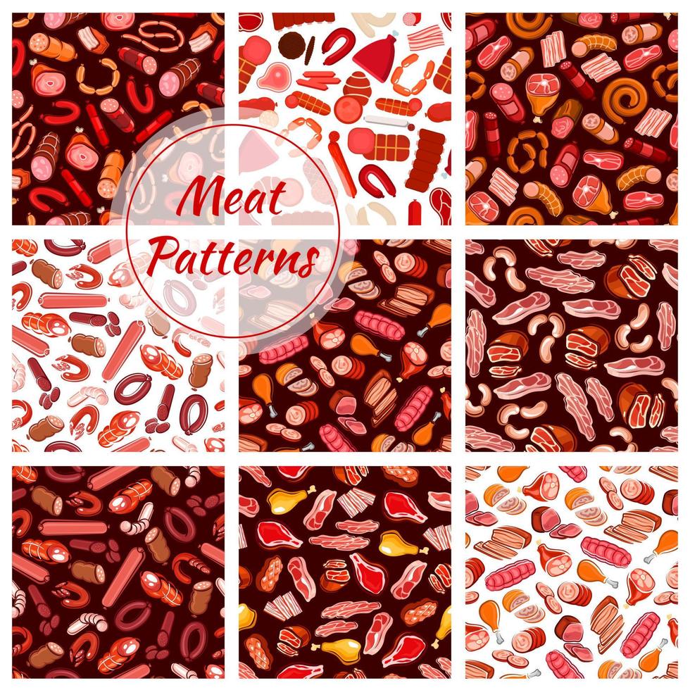 Meat, butcher shop sausages seamless patterns vector