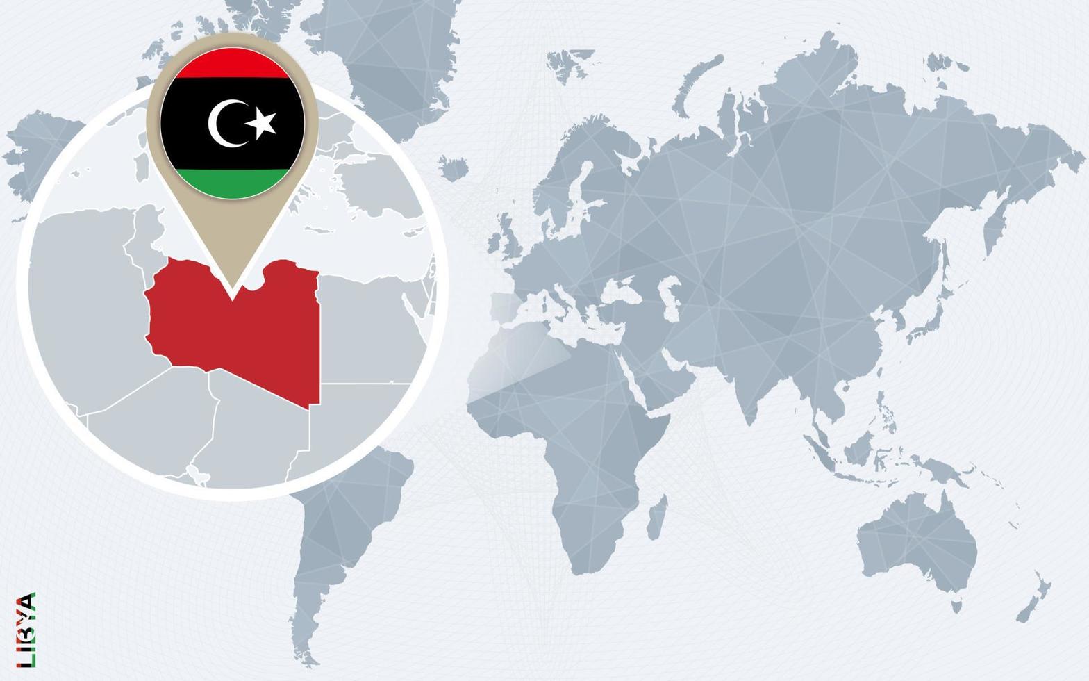 Abstract blue world map with magnified Libya. vector