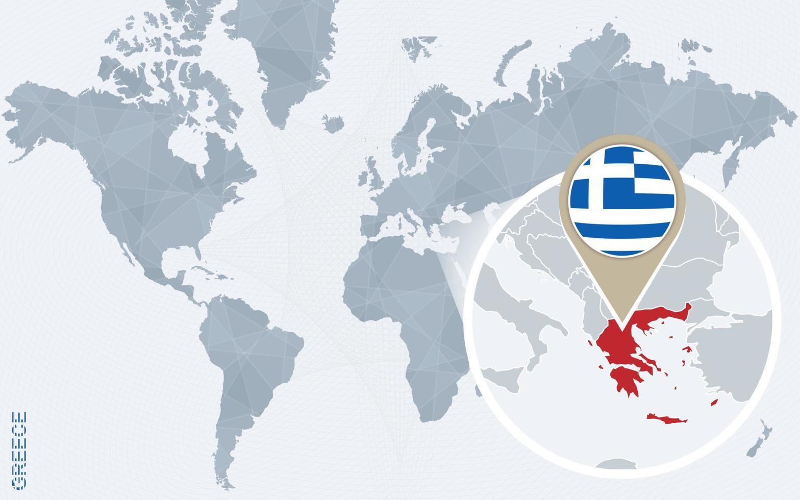 Abstract blue world map with magnified Greece. vector