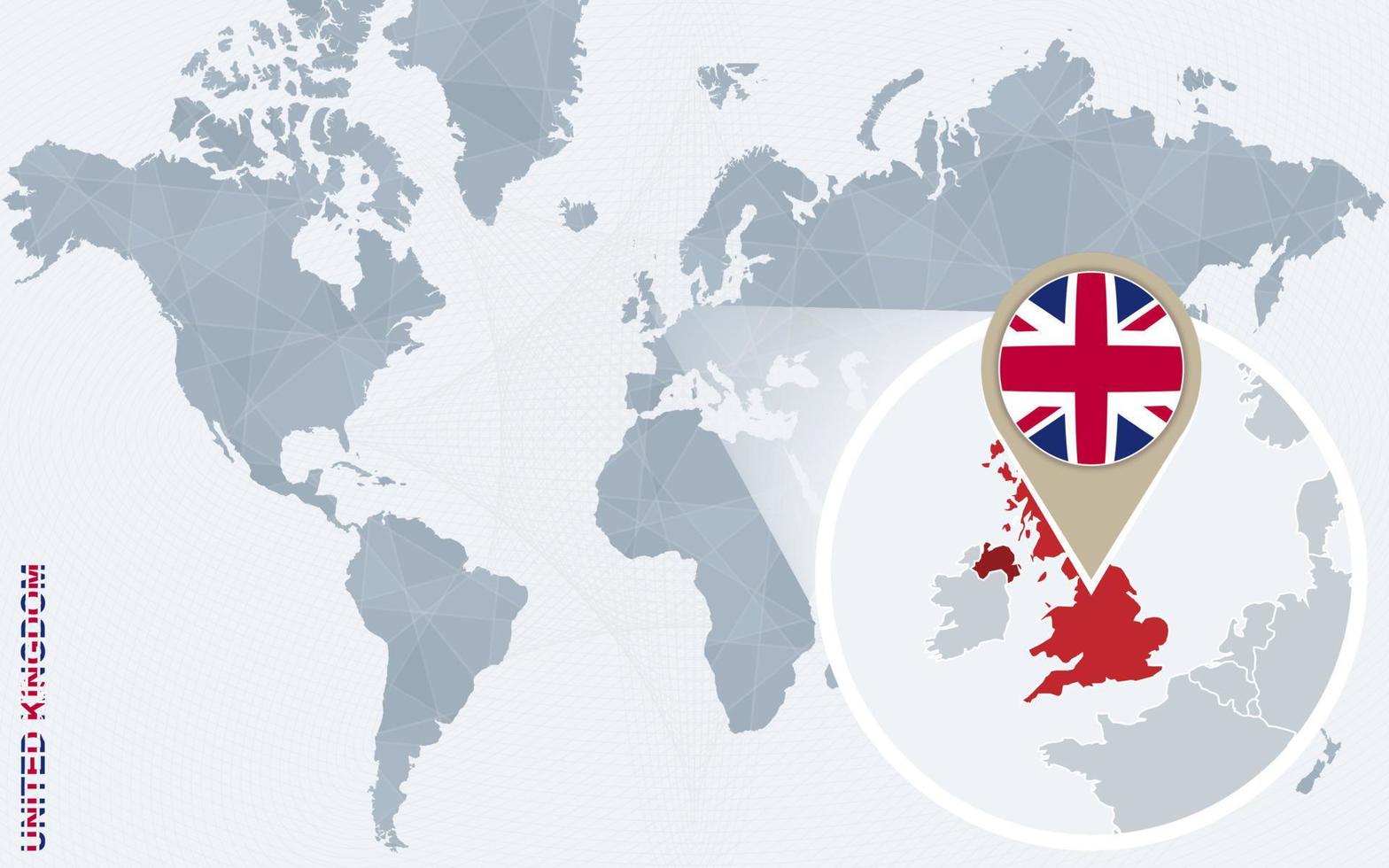 Abstract blue world map with magnified United Kingdom. vector