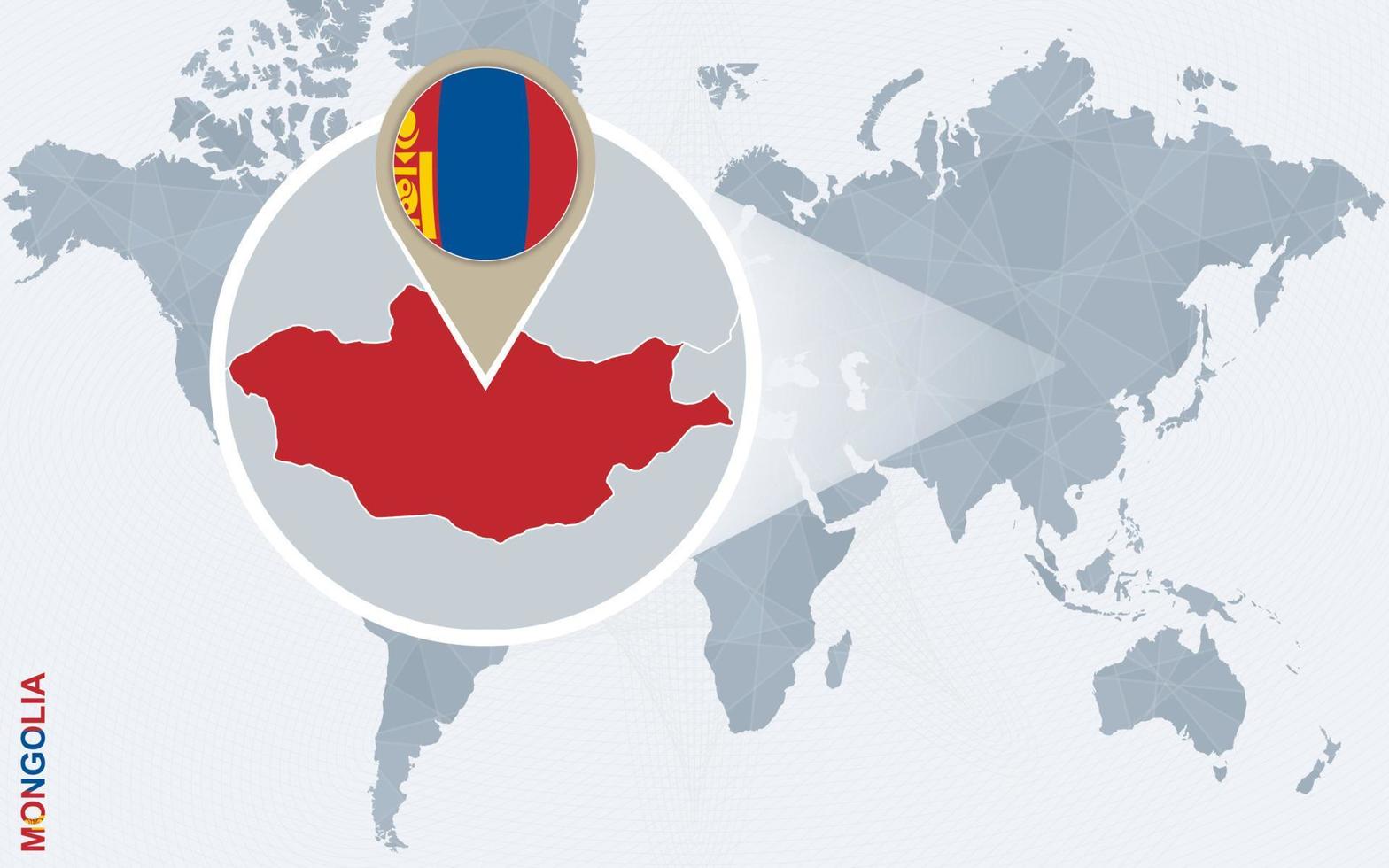 Abstract blue world map with magnified Mongolia. vector