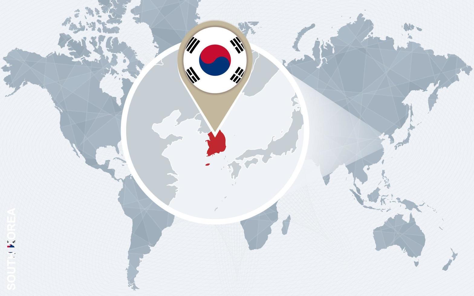 Abstract blue world map with magnified South Korea. vector