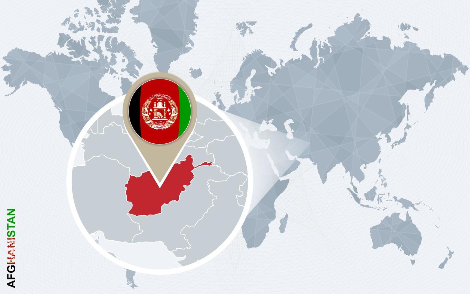 Abstract blue world map with magnified Afghanistan. vector