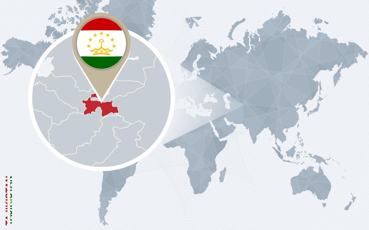 Abstract blue world map with magnified Tajikistan. vector