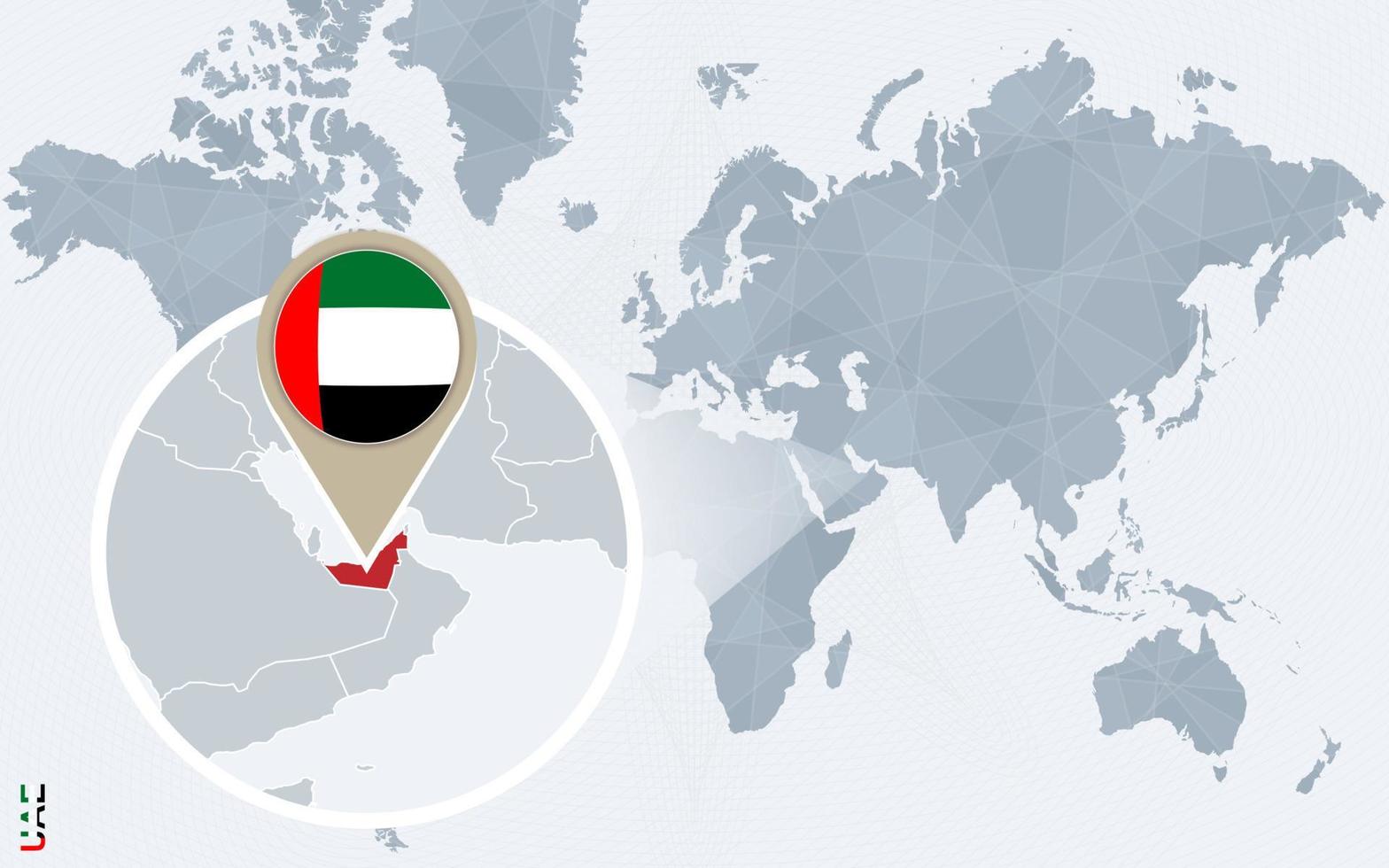 Abstract blue world map with magnified United Arab Emirates. vector