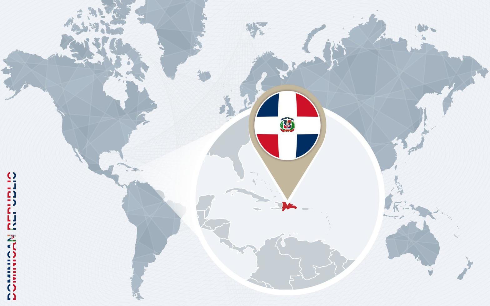 Abstract blue world map with magnified Dominican Republic. vector