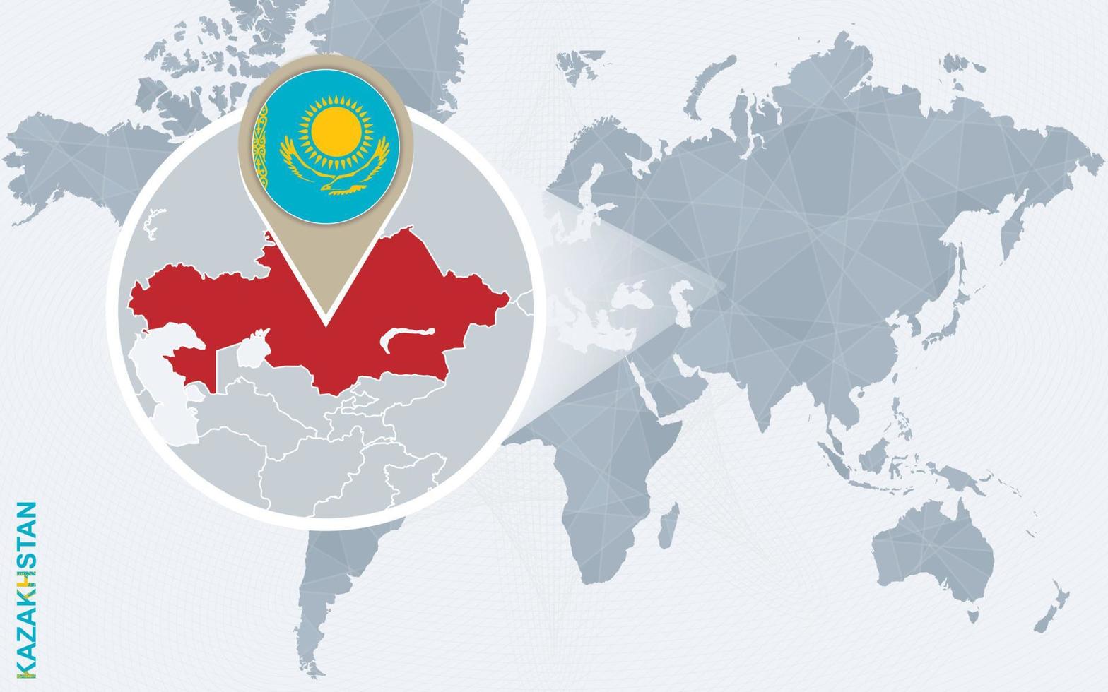 Abstract blue world map with magnified Kazakhstan. vector