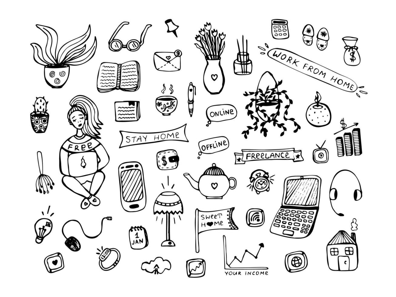 Work at home, doodle set vector