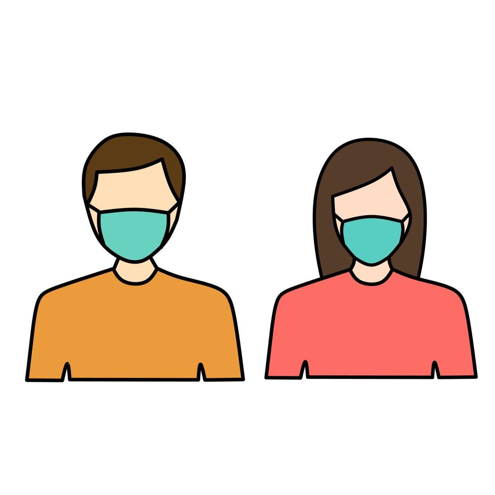 Man and woman wearing medical mask on face to prevent Covid-19 illustration. People with coronavirus mask clip art flat design with outline editable stroke. Face with protective mask icon. Vector