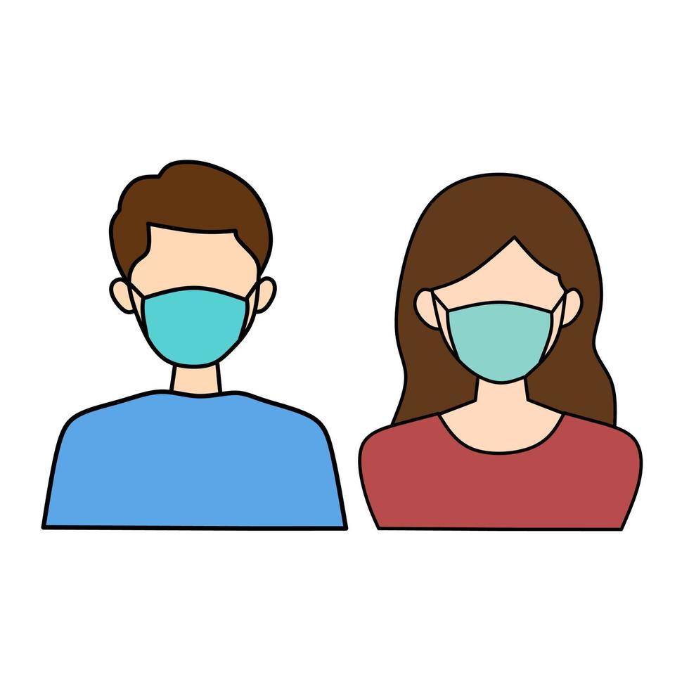 Man and woman wearing medical mask on face to prevent Covid-19 illustration. People with coronavirus mask clip art flat design with outline editable stroke. Face with protective mask icon. Vector