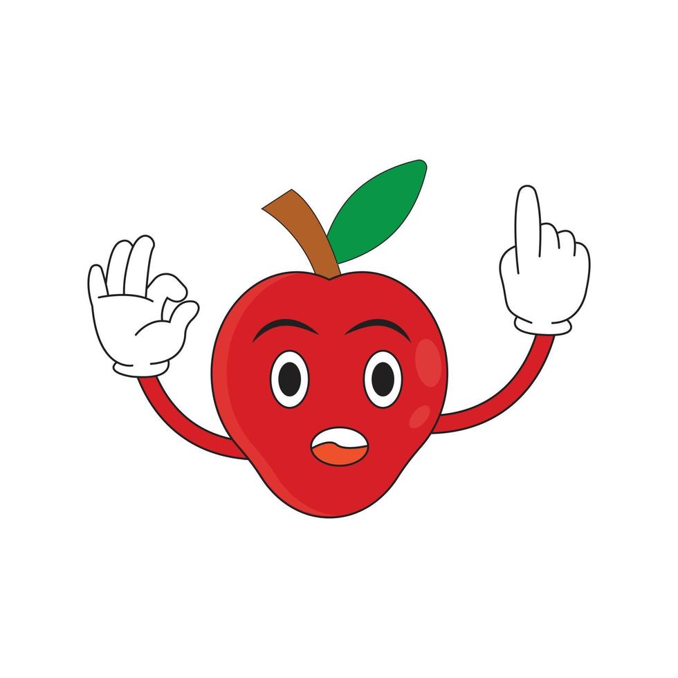 personaje de fruta de manzana roja que señala el icono del logotipo de vector lindo