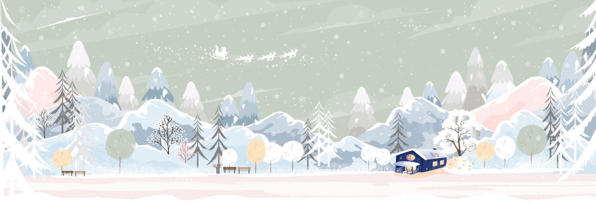 paisaje invernal con nieve que cubre pinos y montañas, país de las maravillas invernal panorámico con casa de campo en el pueblo, banner horizontal vectorial para vacaciones de navidad o fondo de año nuevo 2023 vector