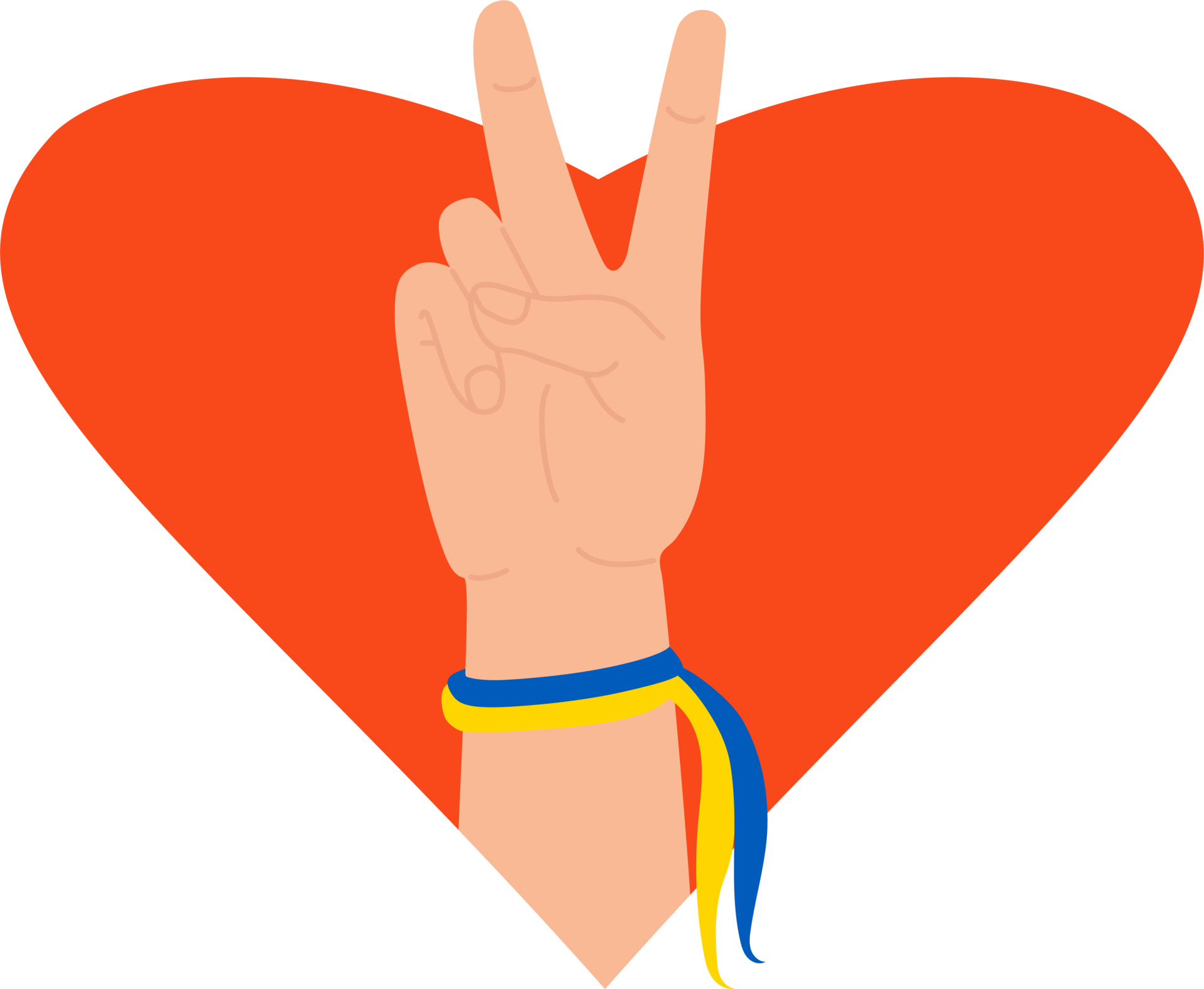 Hand gesture with yellow-blue ribbon - victory on background of red
