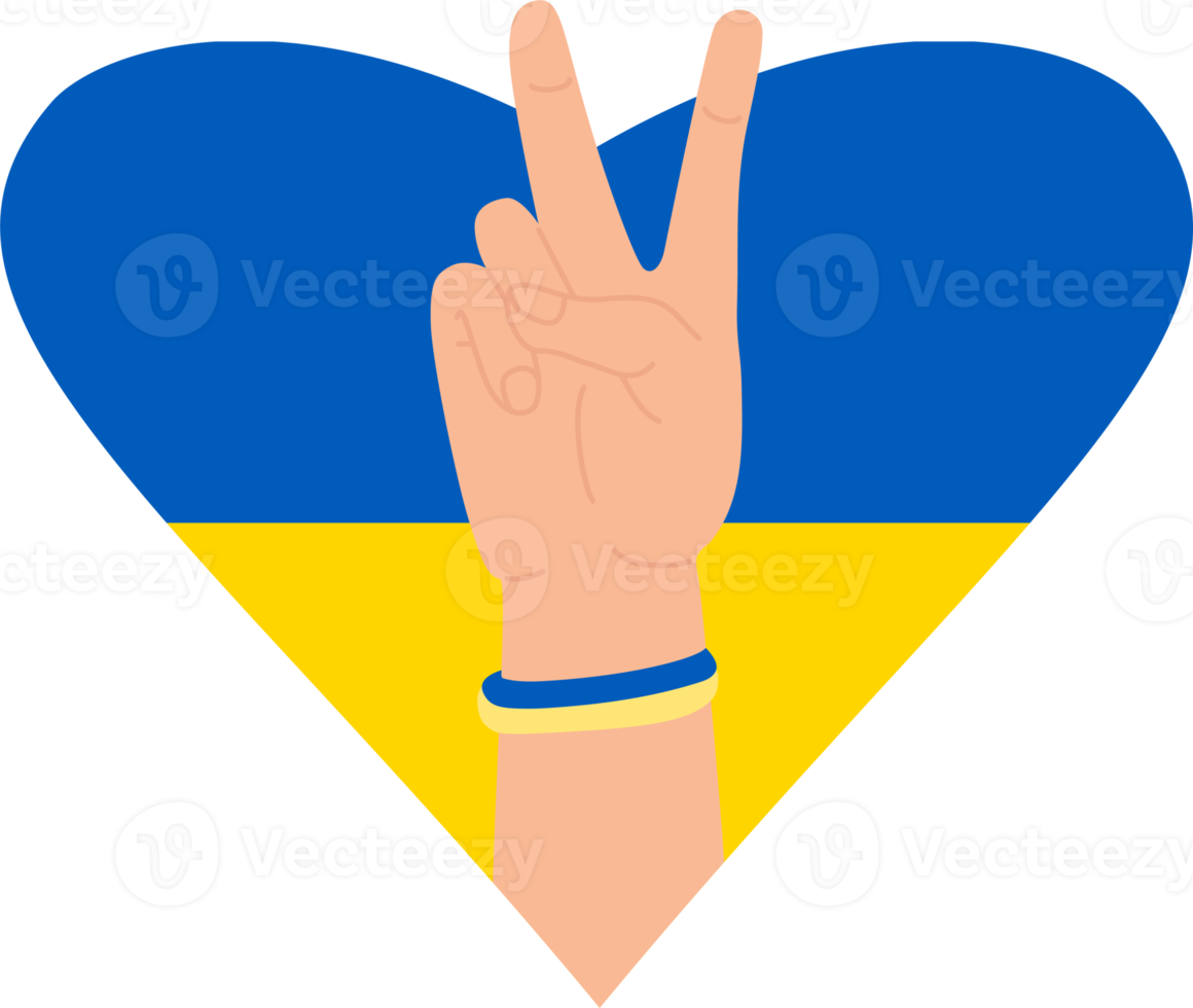 Hand gesture  victory  against background of yellow-blue heart png
