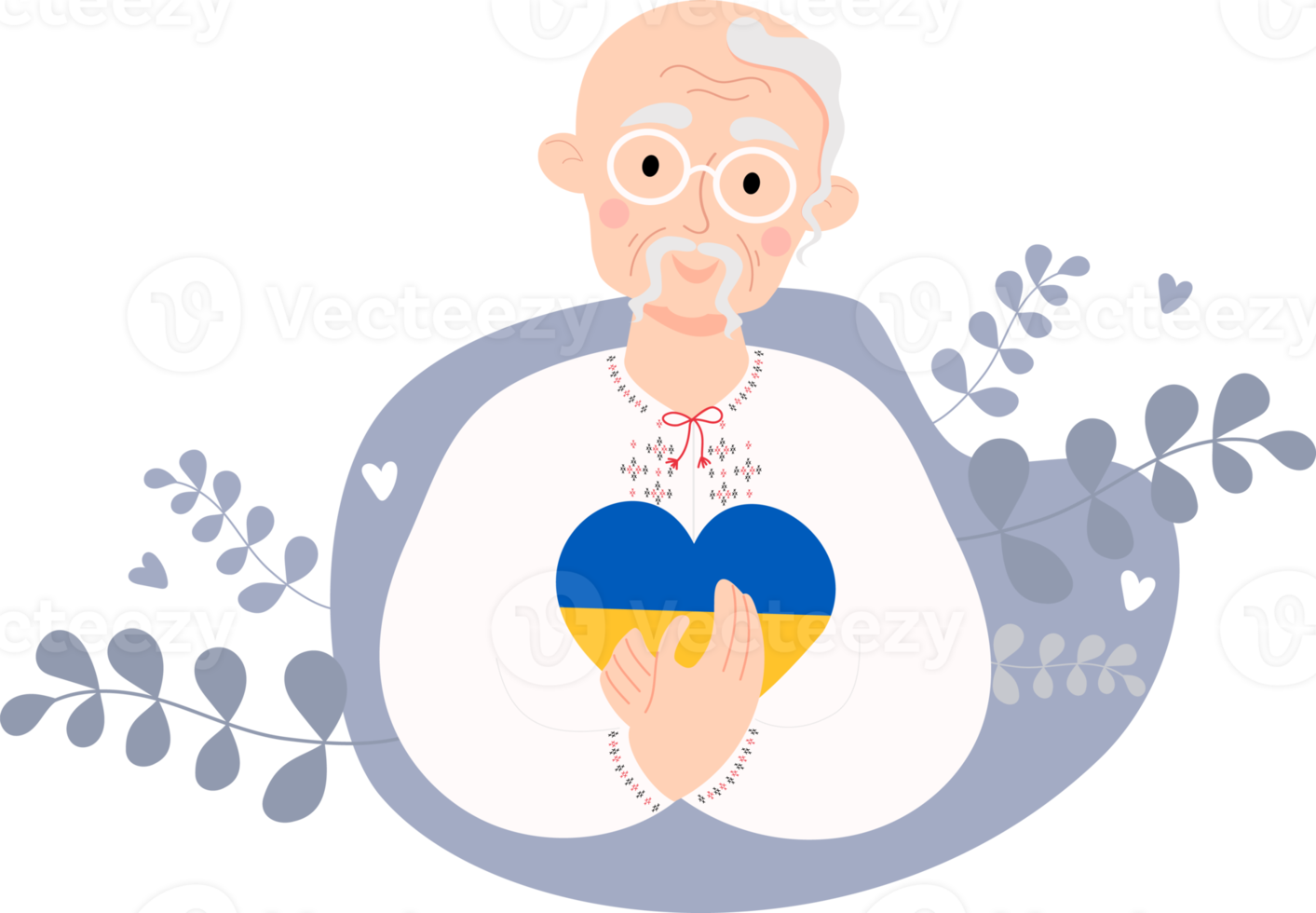 Elderly Ukrainian male Cossack with yellow-blue heart png