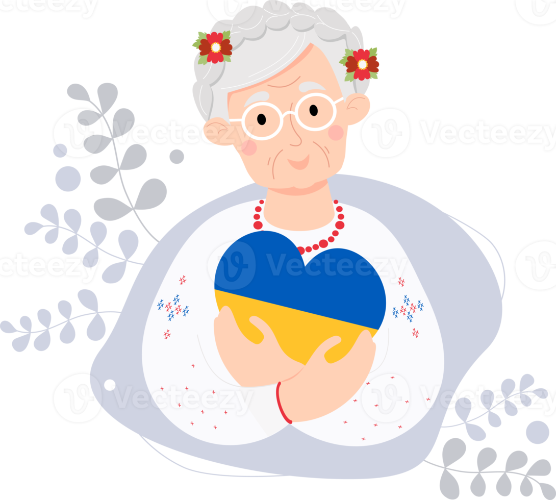 Elderly Ukrainian woman with yellow-blue heart png