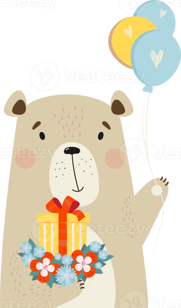 Cute bear with gift, flowers and balloons png